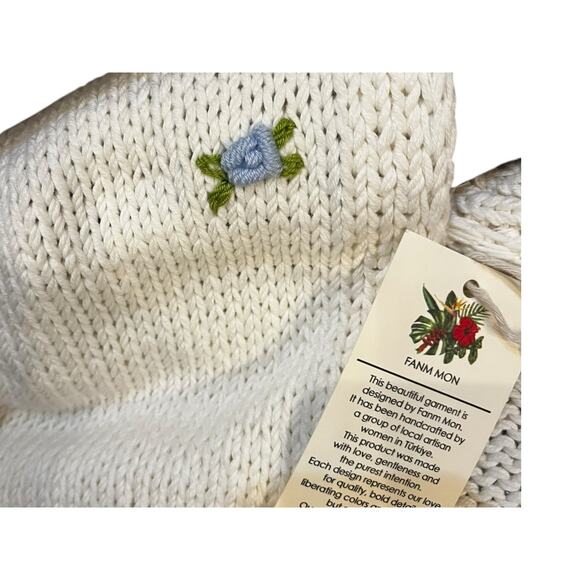Fanm Mon Hand Knit Blue Rose Cardigan Cotton Sweater | Womens XS S NEW - Picture 7 of 15